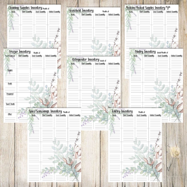 May include: Printable inventory list with a watercolor floral design. The list includes categories for cleaning supplies, household items, freezer, refrigerator, pantry, spice and seasonings, medicine, and toiletries. Each category has columns for item, starting quantity, used quantity, and added quantity.