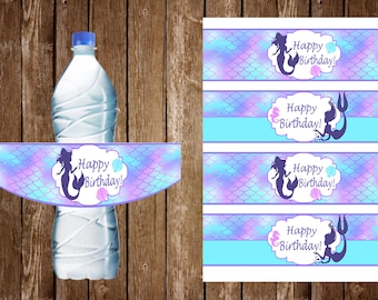 Mermaid Water Bottle Labels, Mermaid Wrap Labels, Mermaid Birthday Party Decorations, Party Supplies, Drink Labels,Mermaid Party Decorations