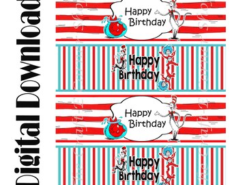 Cat In The Hat Water Bottle Labels, Dr. Seuss Party Labels, Cat In The Hat Drink Labels, Dr. Seuss Birthday Labels, Dr. Seuss Drink Labels