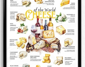 Cheese poster, cheese map, world cheeses, kitchen decor, food illustration, cheese lover gift,cheese inspiration board,cheese tasting guide.