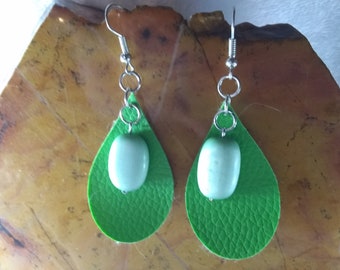Green Vegan Faux Leather Teardrop  Earrings