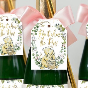 Étiquette de cadeau de champagne POP IT WHEN She Pops, cadeau d'étiquette de bouteille de douche de bébé Winnie l'ourson, prêt à éclater, téléchargement immédiat numérique imprimable