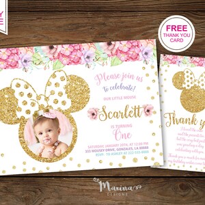 Minnie First Birthday Girl Invitation, Minnie Mouse Invite, 1st Birthday Girl Invites, Pink Gold Invitations, Floral Party Invite,Printable