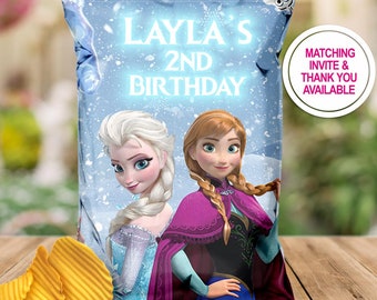 Envoltorio para bolsa de papas fritas Frozen / Recuerdo de fiesta de cumpleaños de Elsa y Anna (archivo digital)