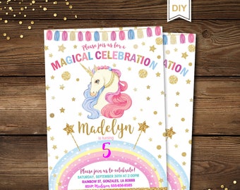 Unicorn Birthday, Unicorn Party Invite, Unicorn Invitation Template, Unicorn First 1st Birthday Invite, Editable, Digital, Printable,PDF,DIY