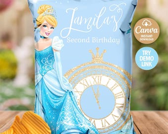 Cinderella Princess Chip Bag Wrapper | Canva Editable Template | Custom