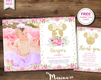 Invitación con foto de cumpleaños de Minnie Mouse / Tarjeta floral de Evite + Tarjeta de agradecimiento (digital)