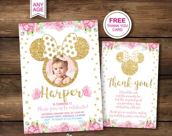 1st Birthday Invitations, Minnie Mouse First Picture, Party, Printable, Gold Pink, Photo Invites, Second 2nd, Instant Download Digital, MM1