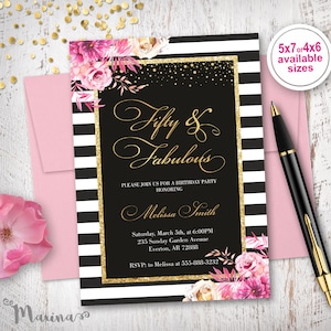 50. Geburtstag einladen für Frauen digital, 50 und fabelhafte Geburtstags-Einladung 50. Geburtstags-Party, Gold und schwarz, 50.Blumeneinladung