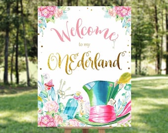 ALICE IN WONDERLAND Birthday Welcome Sign, Alice in Onederland welcome Sign, Alice in Wonderland Party Poster, digital download