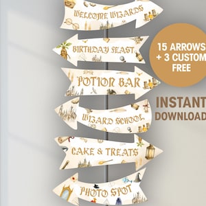 May include: A set of arrow-shaped signs with wizard-themed illustrations and text. The signs include phrases like "Welcome Wizards," "Birthday Feast," and "Potion Bar." A circular graphic states "15 Arrows + 3 Custom Free" and "Instant Download."