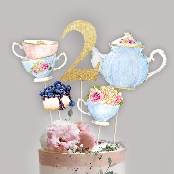 TEA Cake CENTERPIECES Birthday Party Toppers, Par-tea Cake Centerpiece, Tea Photo props, Tea for Two Birthday, Printable instant download