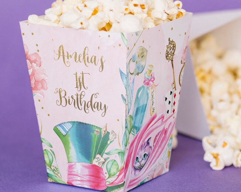 POPCORN BOX Alice in Wonderland Printable Container Popcorn box template Alice in onederland decoration Party Favors digital