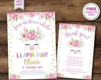 Llama Birthday Invitation, Fiesta Alpaca Girl Invite (Digital Download)