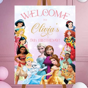 Cartaz de festa de aniversário com placa de boas-vindas da PRINCESA, pôster de boas-vindas para todas as princesas da Disney para impressão personalizada