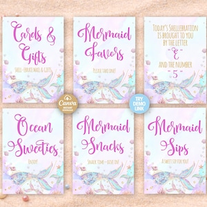 Under the Sea Mermaid Table Signs Set | Canva Editable Printables | Buffet Dessert Drinks Favors