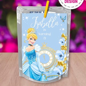 May include: A blue and gold printable juice box label featuring Cinderella with the text "Isabella is turning 5!"