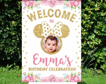 Signo de bienvenida de Minnie Mouse, fiesta de cumpleaños Minnie Mouse cartel de signo de bienvenida, signo de bienvenida de la cumpleañera, decoración de Minnie