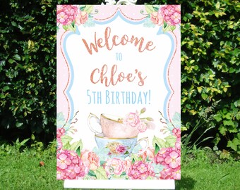 Letrero de bienvenida floral para fiesta de té / Cumpleaños de niña, baby shower (descarga instantánea)