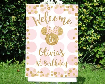 Letrero de bienvenida de cumpleaños de Minnie Mouse / Decoración de fiesta rosa y dorada (descarga digital)