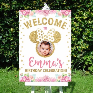 Letrero de bienvenida de Minnie Mouse, póster de bienvenida de Minnie Mouse para fiesta de cumpleaños, letrero de bienvenida para cumpleañera, decoración de Minnie