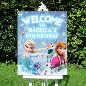 Letrero de bienvenida de cumpleaños de FROZEN, póster de bienvenida de Elsa y Anna de Frozen, descarga digital imprimible personalizada