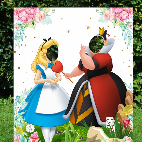 ALICE IN WONDERLAND Face in Hole Photo Prop Board Birthday Party, Alice in Onederland Backdrop, Alice Poster Wall, Queen of Hearts