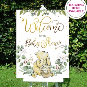 Tabliczka powitalna na baby shower z Kubusiem Puchatkiem | Plakat na imprezę neutralną płciowo | Dekoracja ścienna do druku | Natychmiastowe pobranie pliku cyfrowego