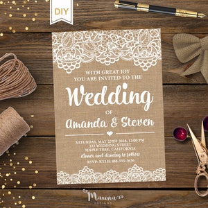 Rustikale Hochzeit einladen Vorlage, Rustikale Einladung Vorlage, Kraft Hochzeit Vorlage einladen, Sackleinen Spitze einladen, Spitze Hochzeit einladen, DIY