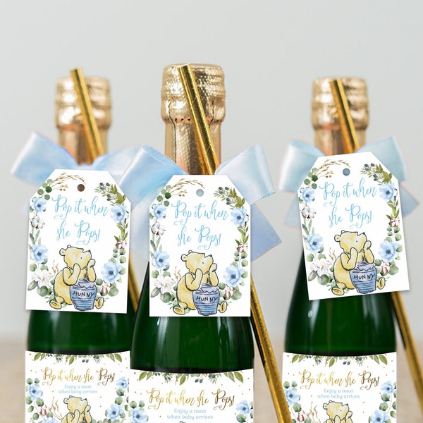 POP IT WHEN She Pops Champagne Favor Tag Printable digital instant download, Winnie the Pooh Baby Shower Bottle Tag Favour, Ready to Pop