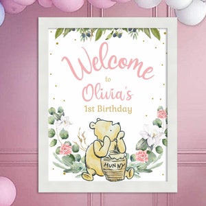WINNIE THE POOH Girl 1st Birthday Welcome Sign, Winnie Pooh Party Poster, Printable digital download