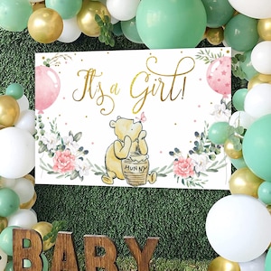 Wall Backdrop WINNIE THE POOH It&#39;s a Girl Baby Shower, Party Backdrop Winnie Pooh Wall Vinyl, Baby Shower Decorations Printable