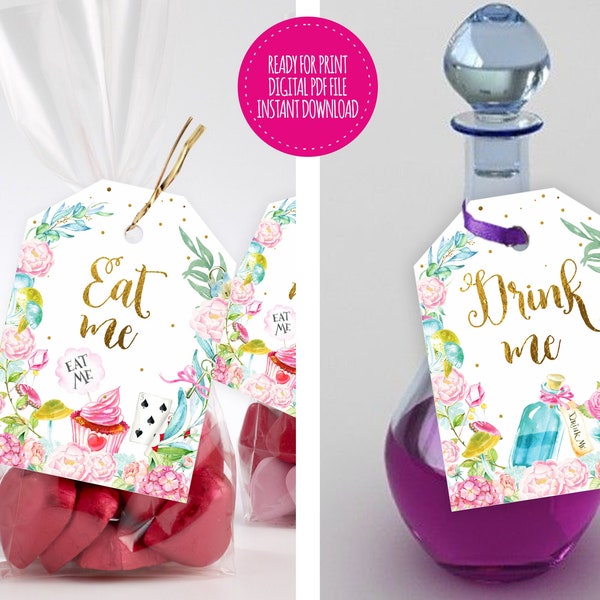 ALICE IN WONDERLAND Eat me favor tag Drink me, Alice in Onederland Thank you favor tags, printable digital instant download