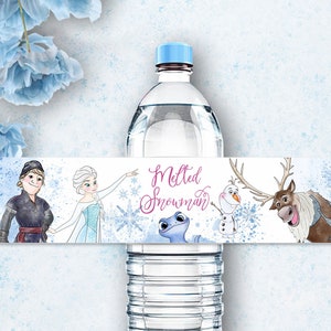 Étiquette de bouteille d'eau congelée Elsa et Anna, emballage d'étiquette de bouteille d'eau bonhomme de neige fondu, décoration de fête prête à être imprimée