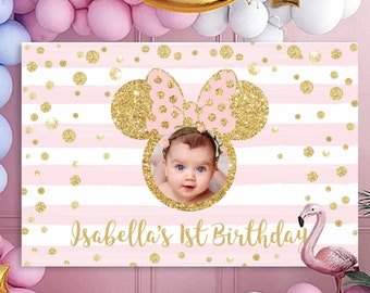 Minnie Mouse Birthday Backdrop, Pink and Gold (Digital Download)