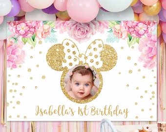 Minnie Maus Blumen Geburtstag Kulisse | Personalisiertes Foto Banner (Digital)