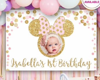 Striscione con sfondo per compleanno di Minnie / Glitter rosa e oro (digitale)