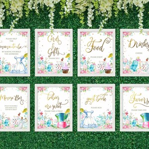 Cartelli per baby shower ALICE NEL PAESE DELLE MERAVIGLIE, poster decorativi per baby shower, cartello da parete per feste, biglietti e regali, cartello per bomboniere Mimosa Bar
