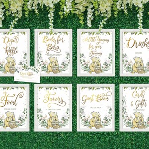 Affiches imprimables de signes de baby shower de WINNIE THE POOH, décorations de baby shower de Winnie, signe de tombola de couches, signe de cartes et de cadeaux