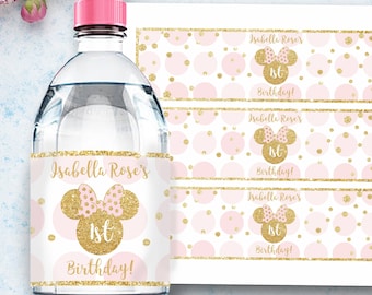 Editable Minnie Mouse Birthday Bottle Labels | Pink & Gold (Instant Download)