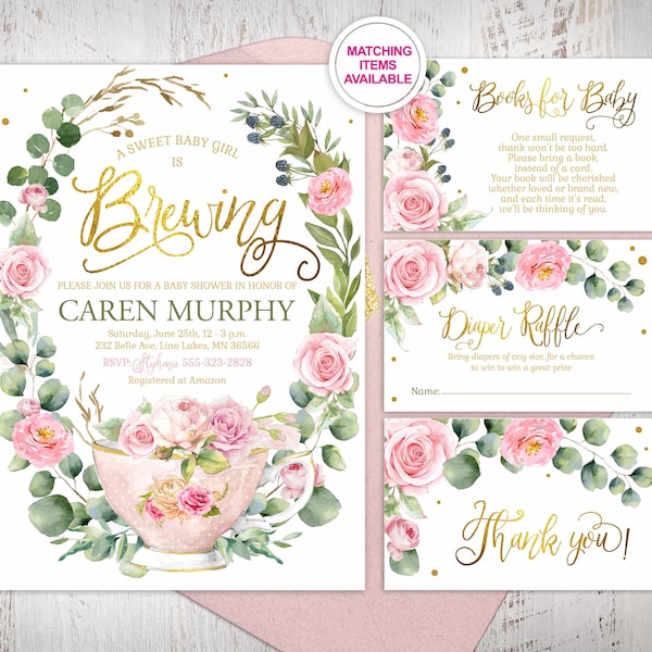 А Baby is Brewing Baby Shower Invitation Set, Tea Party Baby Shower Pink Floral Invite, Printable digital download