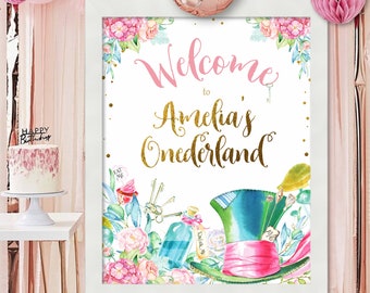 ALICE IN WONDERLAND Birthday Welcome Sign, Alice in Onederland welcome Sign, Alice in Wonderland Party Poster, digital download