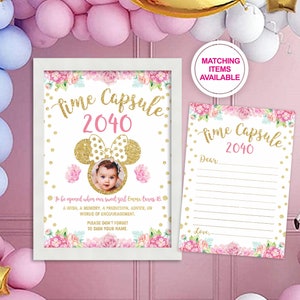 MINNIE MOUSE Zeitkapsel Zeichen und Notiz Mädchen, Minnie Mouse Geburtstagsdekoration, Partydekoration, Partydekoration zum 1