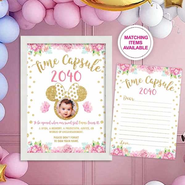 MINNIE MOUSE 1st Birthday party Time capsule sign and note Girl, Minnie Mouse birthday decoration banner, Custom time capsule Printable