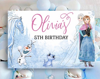 Décalcomanie murale d'anniversaire de la Reine des neiges, vinyle mural Elsa et Anna, décoration de fête d'anniversaire La Reine des neiges, toile de fond imprimable personnalisée