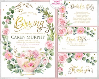А Baby is Brewing Baby Shower Invitation Set, Tea Party Baby Shower Pink Floral Invite, Printable digital download