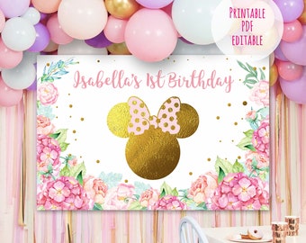 Minnie Mouse wall backdrop, Printable vinyl Minnie Mouse wall decal, Birthday Party Decoration, Editable PDF template