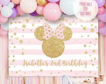 Minnie Mouse Birthday Backdrop, Pink and Gold (Editable PDF)