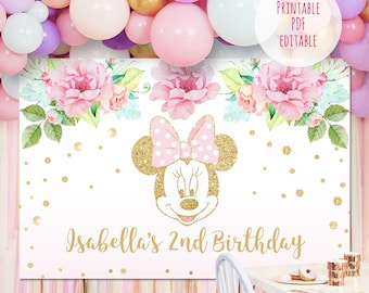 Minnie Mouse Birthday Backdrop, Floral Decor (Editable PDF)