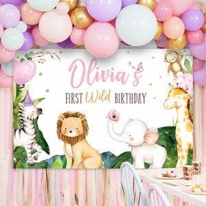 Wild One Backdrop 1st Birthday Girl, Wild One wall decal, Wild one printable vinyl Safari animals, Custom backdrop printable